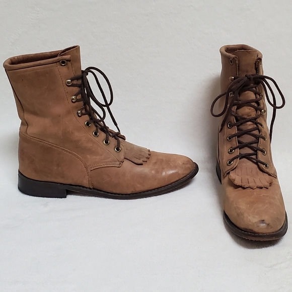 70s Vintage Tan Leather Lace-up Round Toe Low Heel Ankle Kiltie Boots Booties 9 - Picture 1 of 15